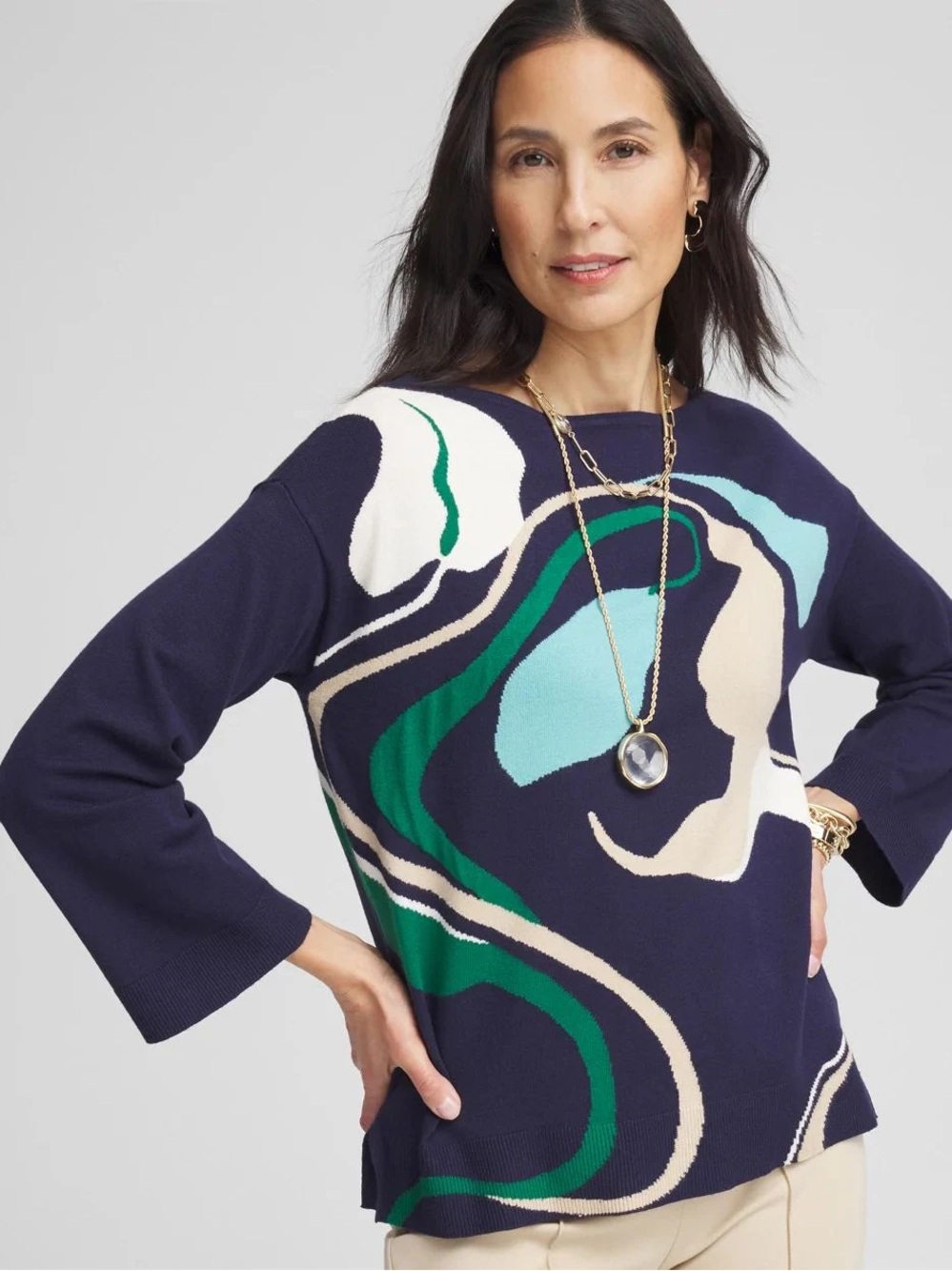 Chico’s Wildflower Print Sweater Navy Blue Multicolor Crewneck Pullover M 1
